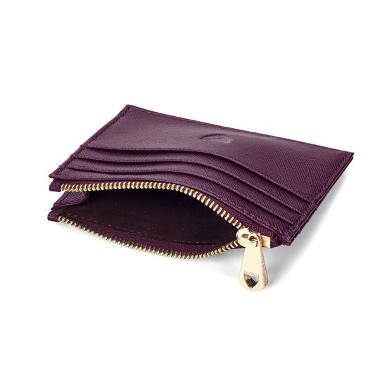 Zip Top Coin & Card Case in Grape Saffiano & Cappuccino Suede from Aspinal of London