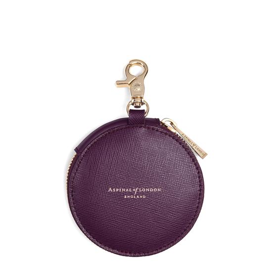 Round Coin Purse with Keyring in Grape Saffiano & Cappuccino Suede from Aspinal of London