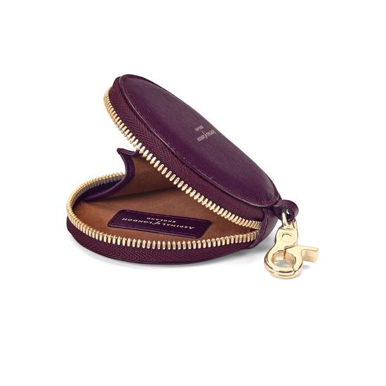 Round Coin Purse with Keyring in Grape Saffiano & Cappuccino Suede from Aspinal of London