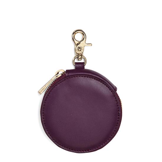 Round Coin Purse with Keyring in Grape Saffiano & Cappuccino Suede from Aspinal of London