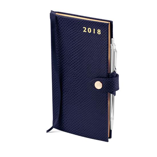 Slim Pocket Leather Diary with Pen in Midnight Blue Lizard from Aspinal of London