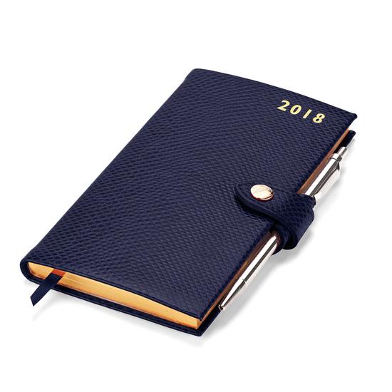 Slim Pocket Leather Diary with Pen in Midnight Blue Lizard from Aspinal of London