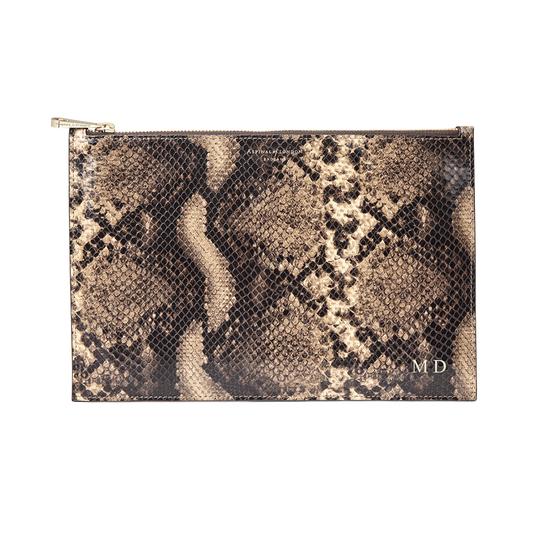 Large Essential Flat Pouch in Tan Snake Print from Aspinal of London