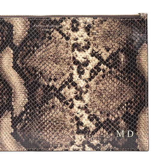 Large Essential Flat Pouch in Tan Snake Print from Aspinal of London