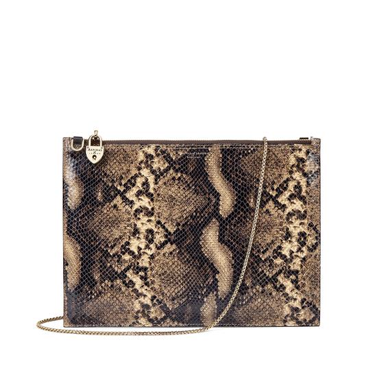Soho Double Sided Clutch in Smooth Dark Brown & Tan Snake Print from Aspinal of London