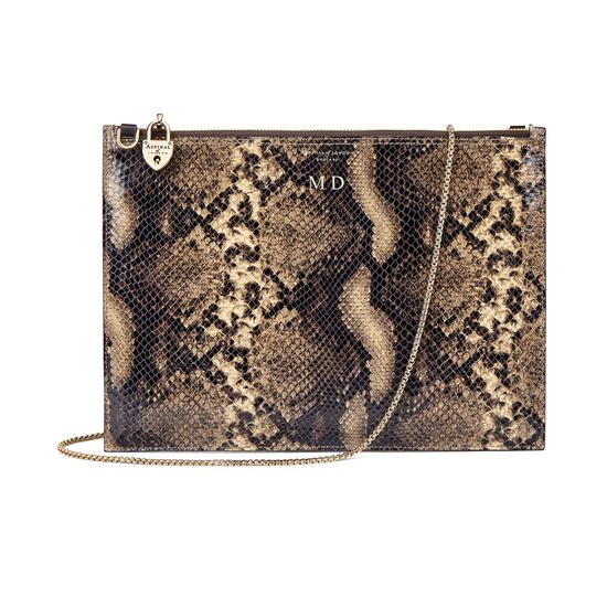 Soho Double Sided Clutch in Smooth Dark Brown & Tan Snake Print from Aspinal of London