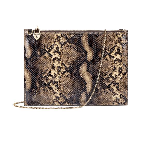 Soho Double Sided Clutch in Smooth Dark Brown & Tan Snake Print from Aspinal of London