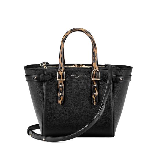 Mini Marylebone Tote in Black Pebble with Digital Leopard Print Handles from Aspinal of London