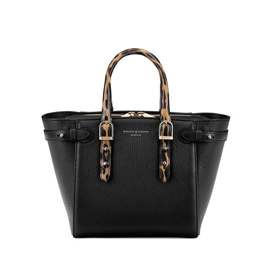 Mini Marylebone Tote in Black Pebble with Digital Leopard Print Handles from Aspinal of London