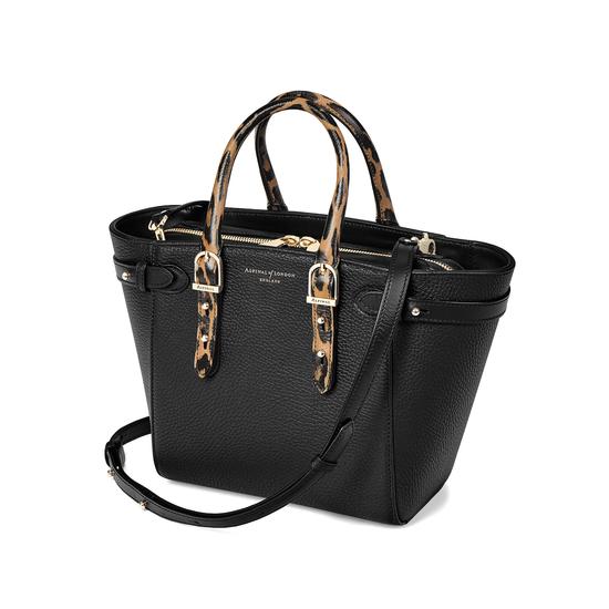 Mini Marylebone Tote in Black Pebble with Digital Leopard Print Handles from Aspinal of London