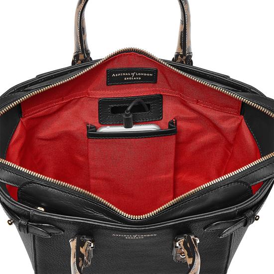 Mini Marylebone Tote in Black Pebble with Digital Leopard Print Handles from Aspinal of London