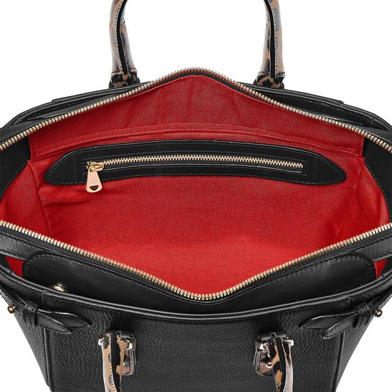 Mini Marylebone Tote in Black Pebble with Digital Leopard Print Handles from Aspinal of London