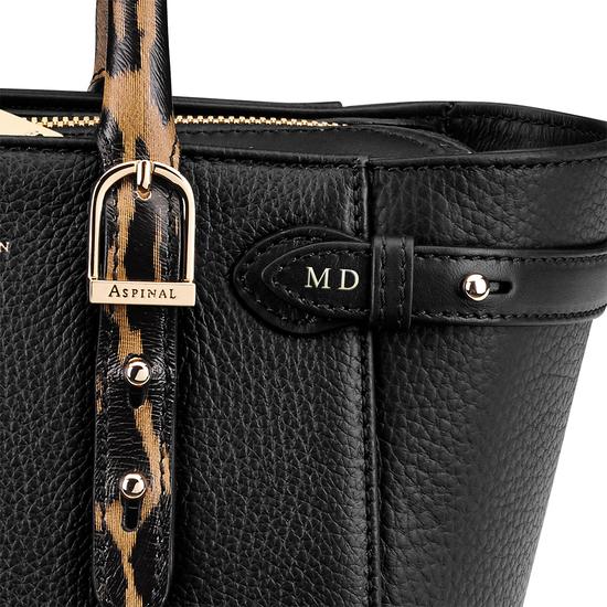 Mini Marylebone Tote in Black Pebble with Digital Leopard Print Handles from Aspinal of London