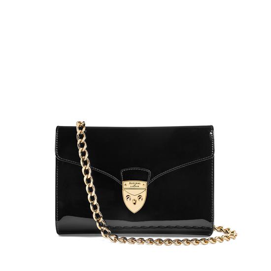 Manhattan Clutch with Chain in Deep Shine Black Patent from Aspinal of London