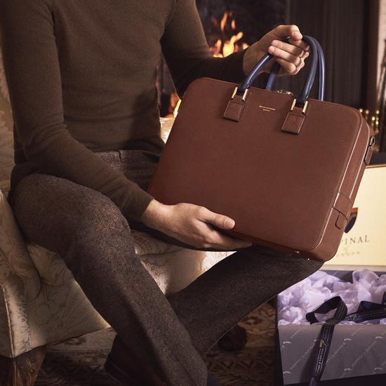 Small Mount Street Bag in Smooth Natural Tan with Smooth Redwood Handles from Aspinal of London