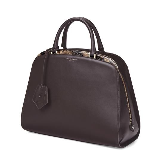 Hepburn Bag in Smooth Dark Brown & Tan Snake Print from Aspinal of London