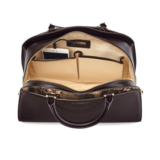 Hepburn Bag in Smooth Dark Brown & Tan Snake Print from Aspinal of London