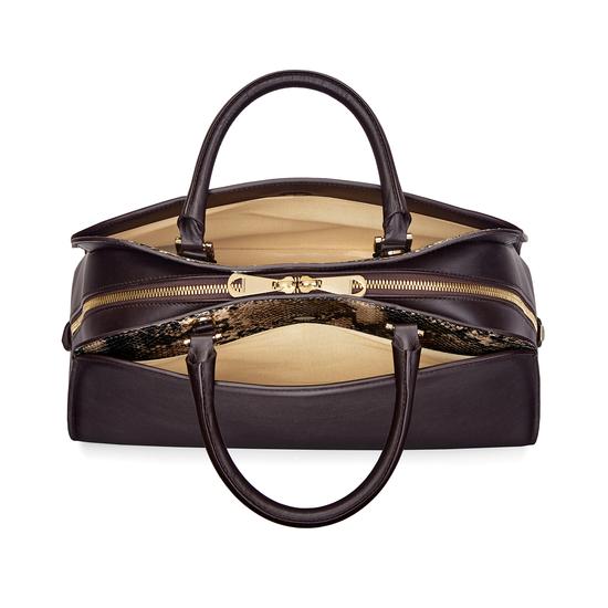Hepburn Bag in Smooth Dark Brown & Tan Snake Print from Aspinal of London
