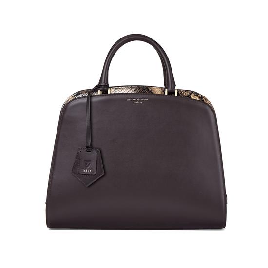 Hepburn Bag in Smooth Dark Brown & Tan Snake Print from Aspinal of London