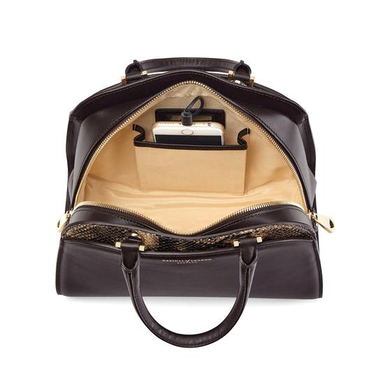 Mini Hepburn Bag in Smooth Dark Brown & Tan Snake Print from Aspinal of London