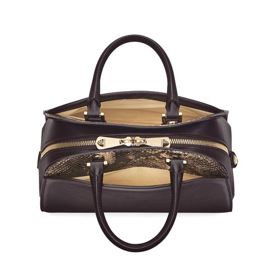 Mini Hepburn Bag in Smooth Dark Brown & Tan Snake Print from Aspinal of London