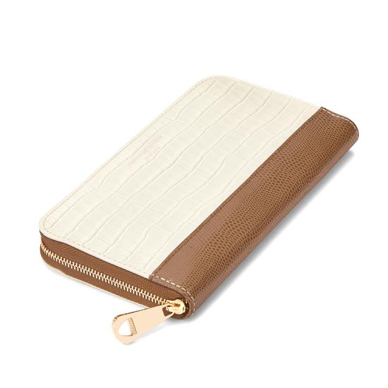 Continental Clutch Zip Wallet in Deep Shine Ivory Small Croc & Camel Lizard from Aspinal of London
