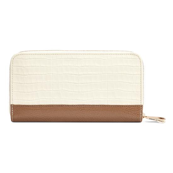 Continental Clutch Zip Wallet in Deep Shine Ivory Small Croc & Camel Lizard from Aspinal of London