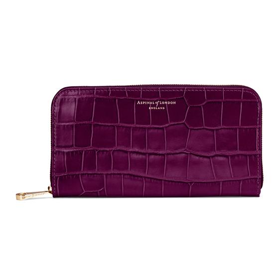 Continental Clutch Zip Wallet in Purple Croc & Cream Suede from Aspinal of London