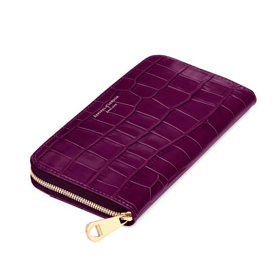 Continental Clutch Zip Wallet in Purple Croc & Cream Suede from Aspinal of London