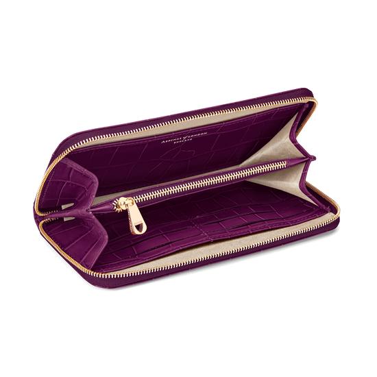 Continental Clutch Zip Wallet in Purple Croc & Cream Suede from Aspinal of London