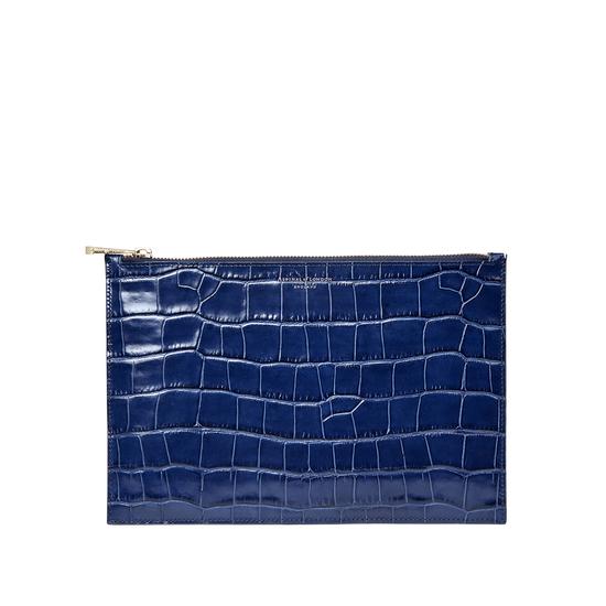 Large Essential Flat Pouch in Deep Shine Navy Croc from Aspinal of London