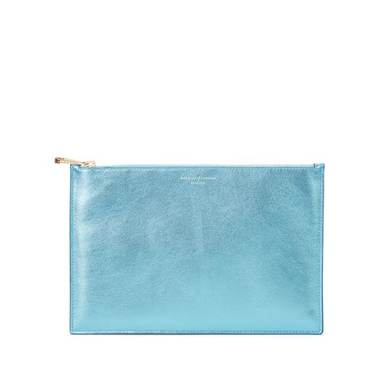 Large Essential Flat Pouch in Misty Blue Metallic from Aspinal of London