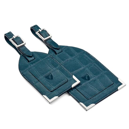 Set of 2 Luggage Tags in Teal Nubuck Croc from Aspinal of London