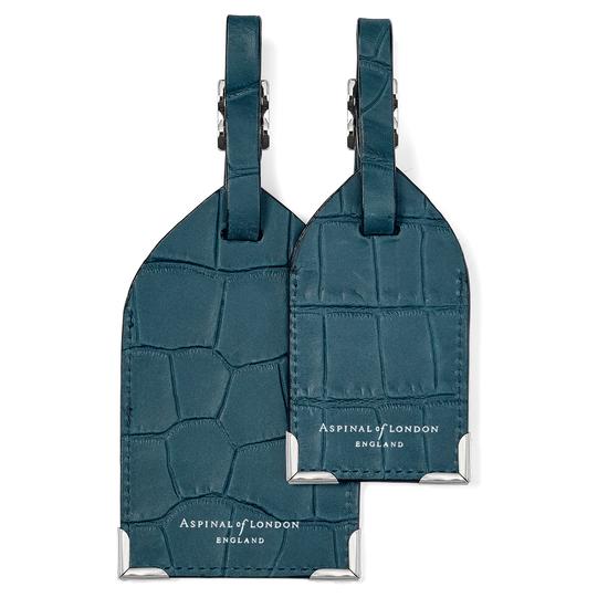 Set of 2 Luggage Tags in Teal Nubuck Croc from Aspinal of London