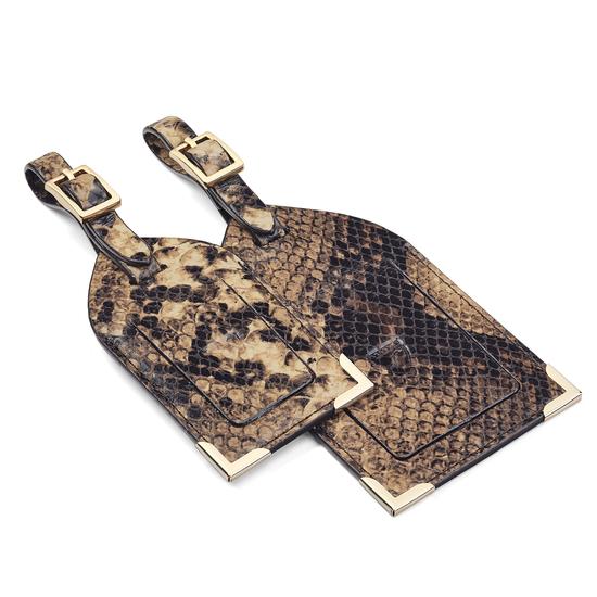 Set of 2 Luggage Tags in Tan Snake Print from Aspinal of London