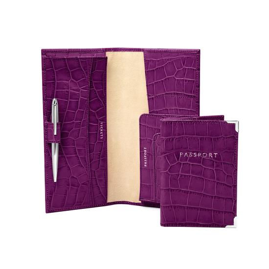 Lindberg Travel Wallet with Passport Cover in Purple Croc from Aspinal of London