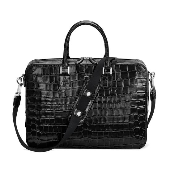 Small Mount Street Bag in Deep Shine Black Croc from Aspinal of London