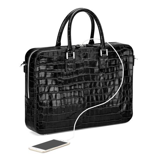 Small Mount Street Bag in Deep Shine Black Croc from Aspinal of London