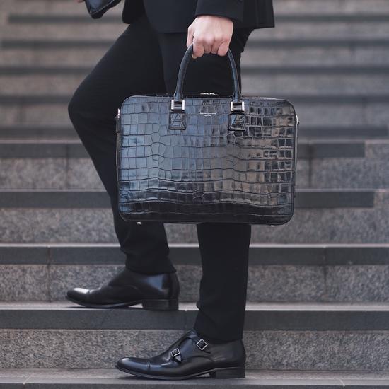 Small Mount Street Bag in Deep Shine Black Croc from Aspinal of London