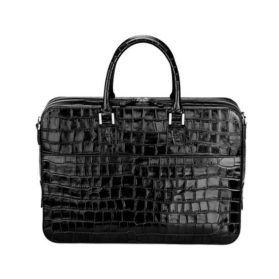 Small Mount Street Bag in Deep Shine Black Croc from Aspinal of London