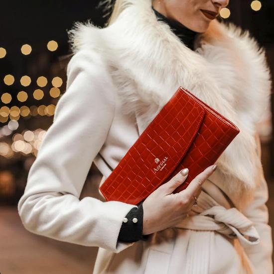 Eaton Clutch in Deep Shine Red Croc from Aspinal of London