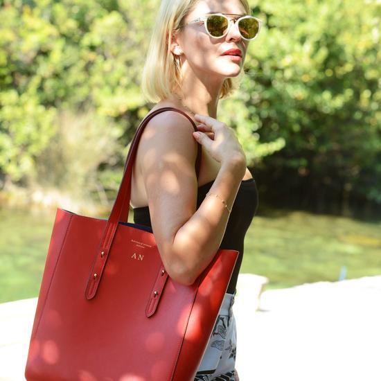 Aspinal Essential Tote in Scarlet Saffiano & Navy Suede from Aspinal of London