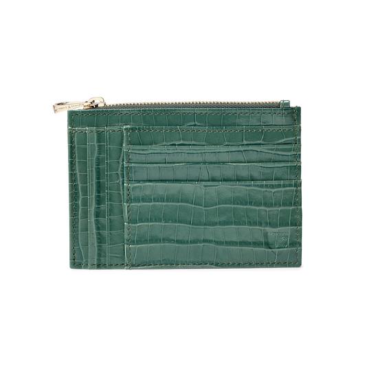 Double Sided Zipped Card & Coin Holder in Deep Shine Sage Small Croc from Aspinal of London