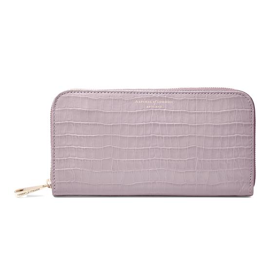 Continental Clutch Zip Wallet in Deep Shine Lilac Croc from Aspinal of London