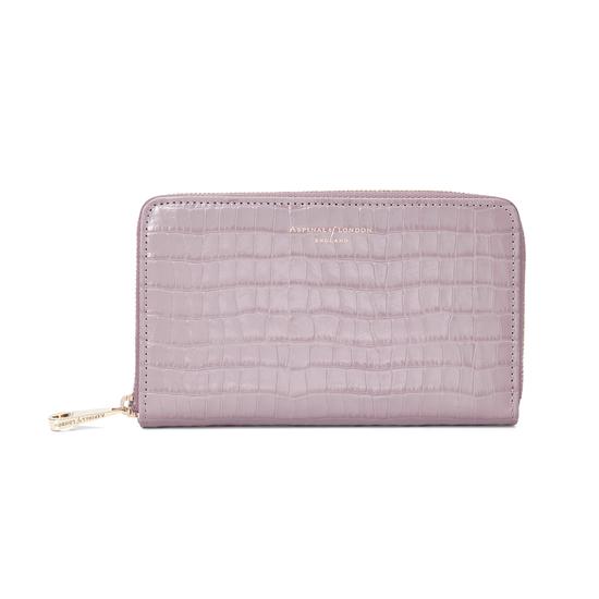 Midi Continental Clutch Zip Wallet in Deep Shine Lilac Small Croc from Aspinal of London