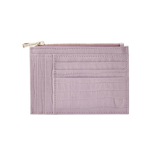 Double Sided Zipped Card & Coin Holder in Deep Shine Lilac Small Croc from Aspinal of London