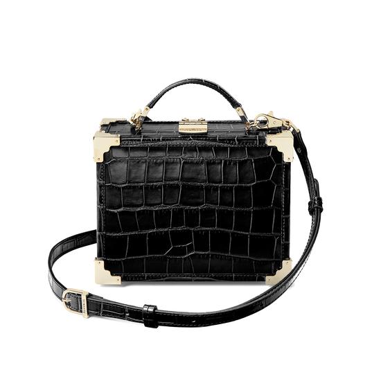 Mini Trunk Clutch in Deep Shine Black Croc with Zig Zag Strap from Aspinal of London