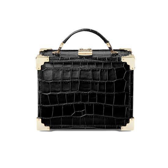 Mini Trunk Clutch in Deep Shine Black Croc with Zig Zag Strap from Aspinal of London