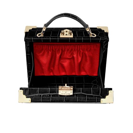 Mini Trunk Clutch in Deep Shine Black Croc with Zig Zag Strap from Aspinal of London