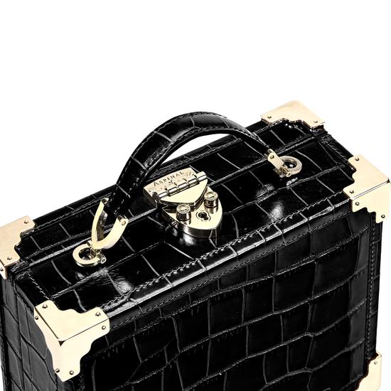 Mini Trunk Clutch in Deep Shine Black Croc with Zig Zag Strap from Aspinal of London